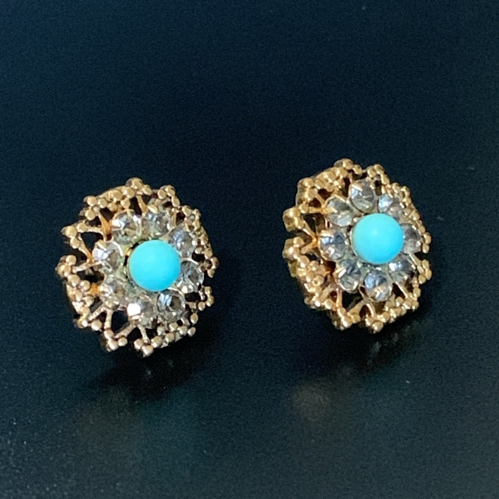Persian Stud Earrings  Turquoise Bead Halo of Clear Rhinestones - Picture 3 of 5